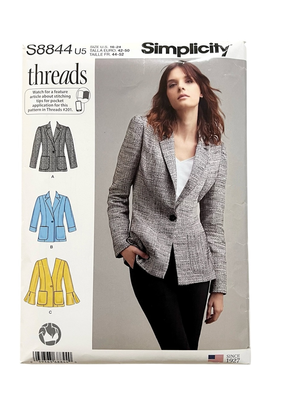 Simplicity S8844 Threads Women’s Blazer Sewing Pattern Sz 16-24 Uncut